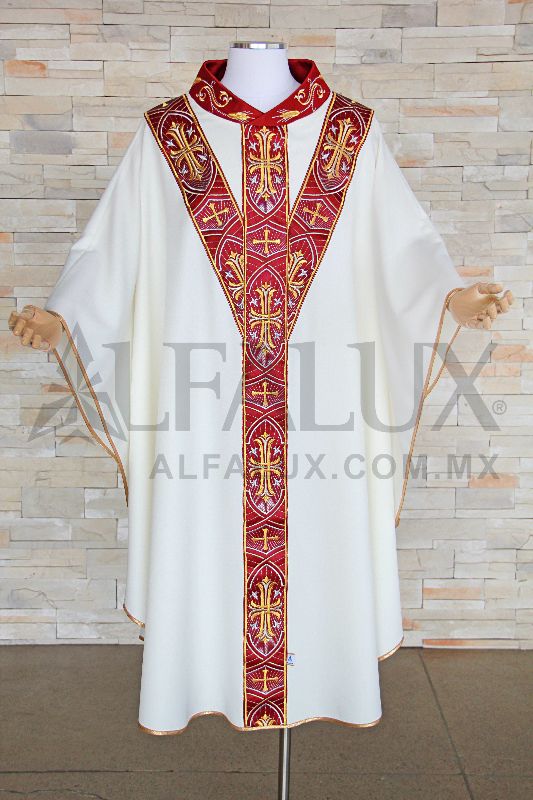 Casulla 04 IMPERIAL TRINITY "Y" en Blanco con RojoQuemado y Cuello Bordado